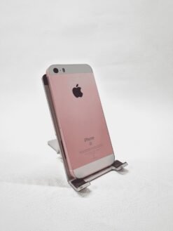 Refurbished iPhone SE (1st Generation) back view showing the Apple logo, rear camera, and space gray aluminum casing.