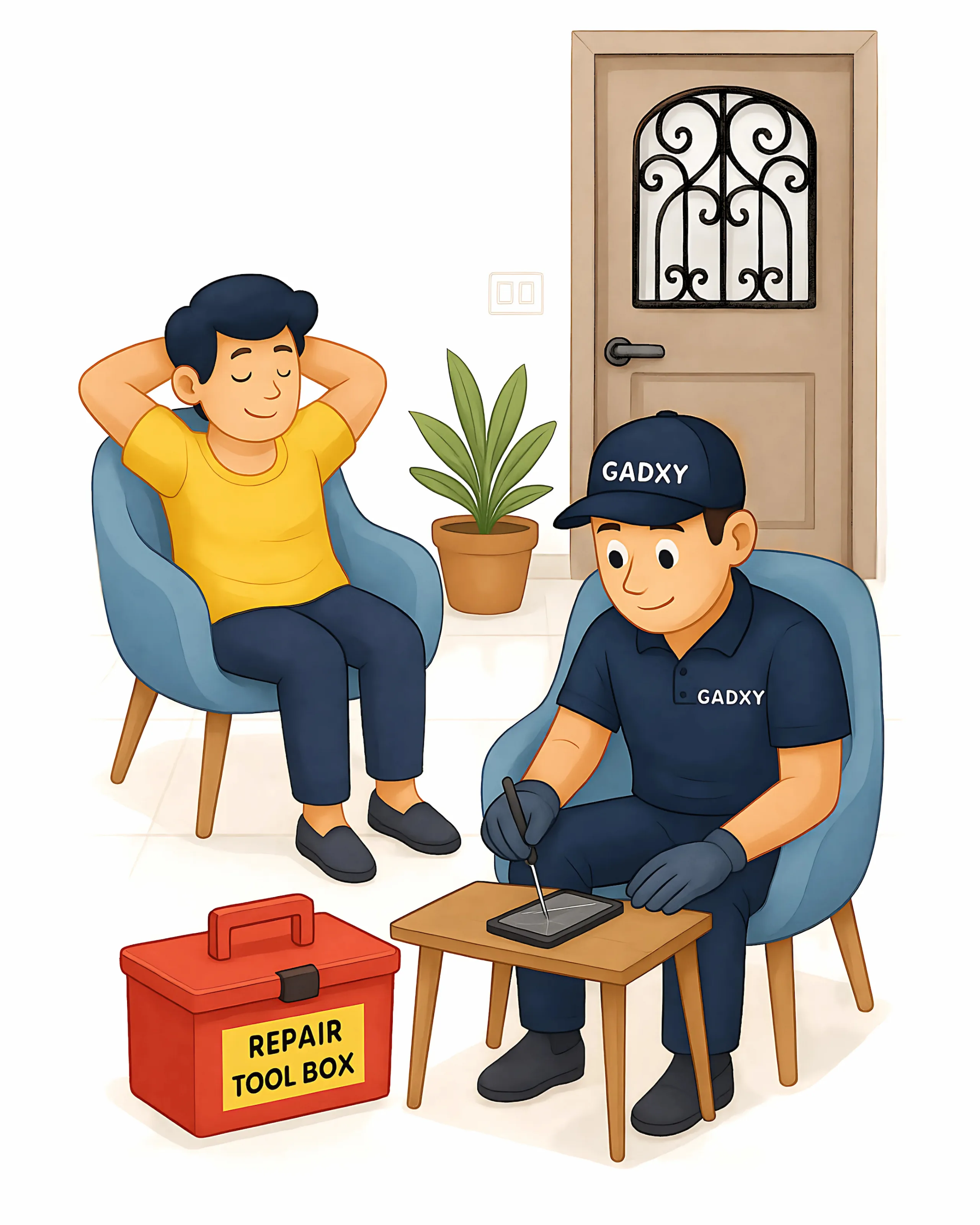 Home 5 GADXY technician repairing iPhone at customer’s home in Kolkata – doorstep mobile repair within 30 km of Chandni Chowk